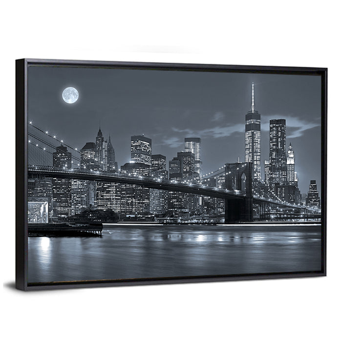 Brooklyn Bridge Night Skyline Wall Art as a framed canvas
