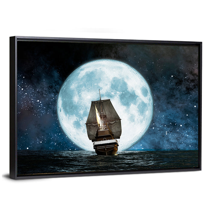 Moonlit Sailboat at Sea Wall Art as a framed canvas