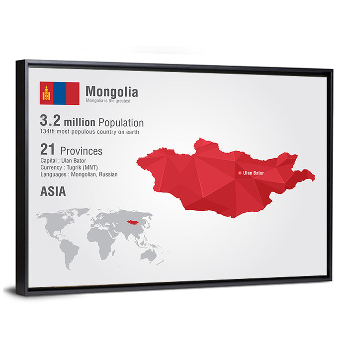 Mongolia Low-poly Map Wall Art as a framed canvas