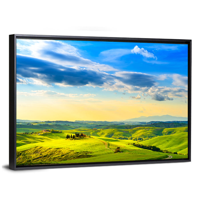 Cypress Farmhouse at Golden Hour Wall Art as a framed canvas