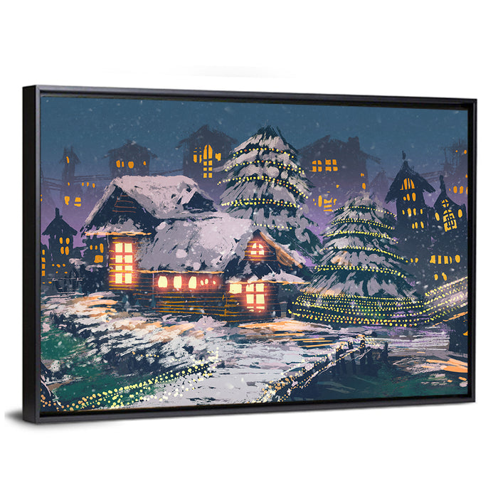 Christmas Night Village Scene Wall Art as a framed canvas