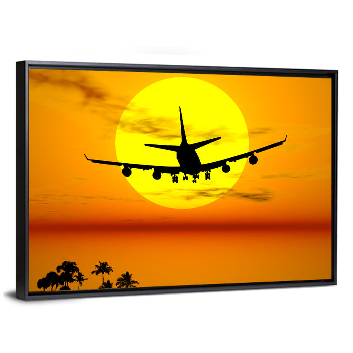 Airplane Silhouette at Sunset Wall Art as a framed canvas