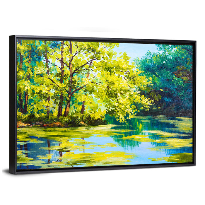 Forest Lake Reflection Wall Art as a framed canvas