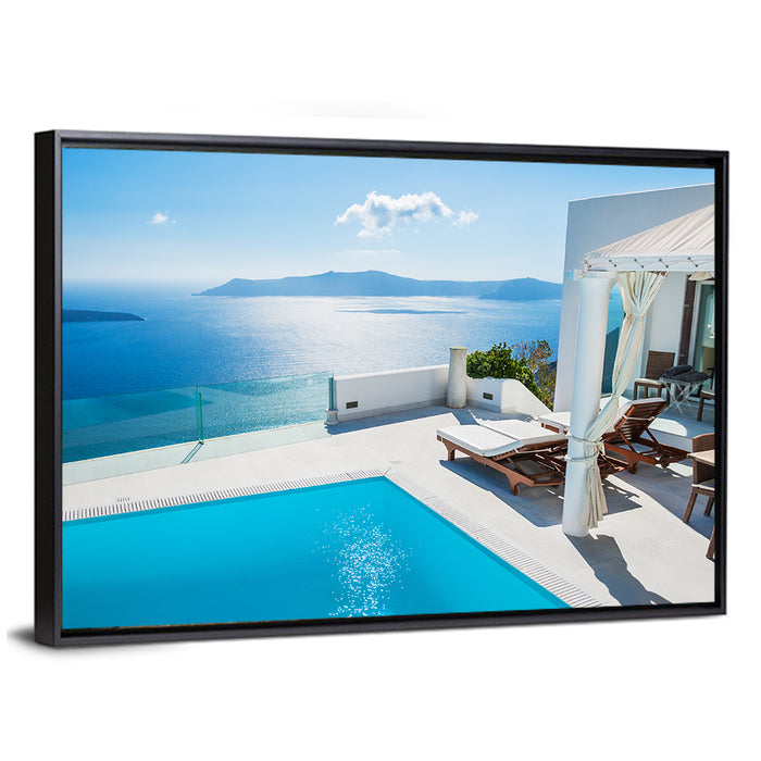 Santorini Pool Terrace View Wall Art as a framed canvas