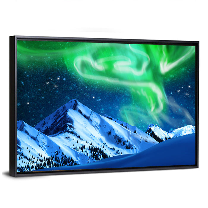 Glowing Aurora Over Snow Capped Mountains Wall Art as a framed canvas