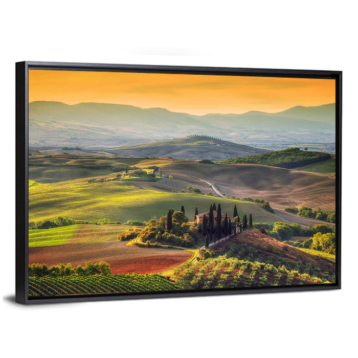 Val D'orcia Sunset Hills Wall Art as a framed canvas