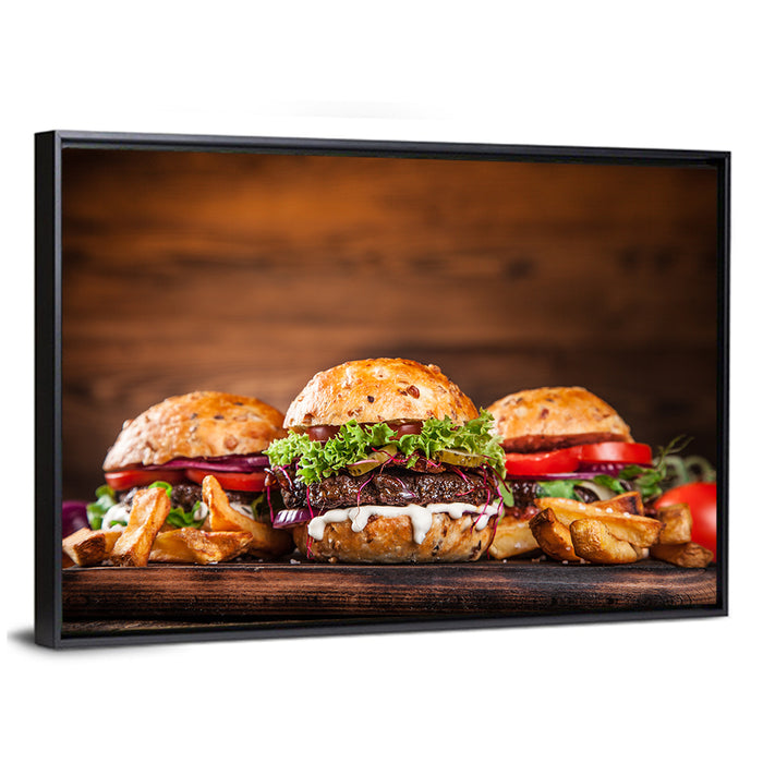 Rustic Homemade Burger Trio Wall Art as a framed canvas