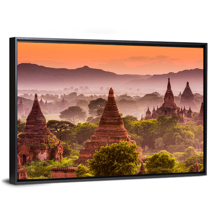 Bagan Ancient Temples at Golden Hour Wall Art as a framed canvas