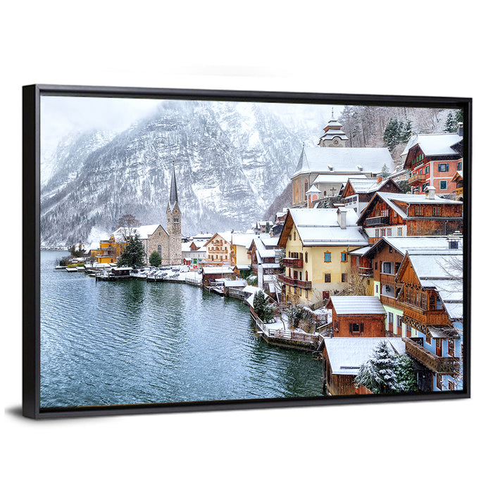 Hallstatt Winter Lakefront Wall Art as a framed canvas