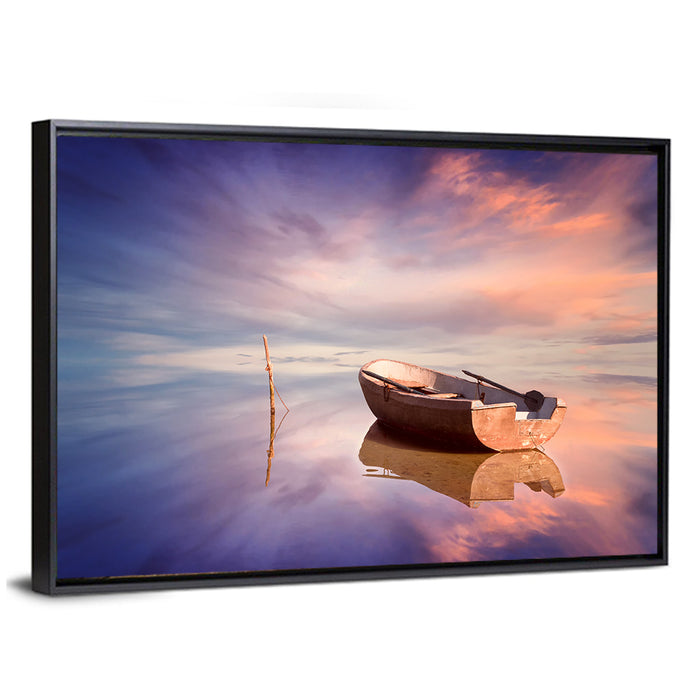 Lonely Boat at Sunset Wall Art as a framed canvas