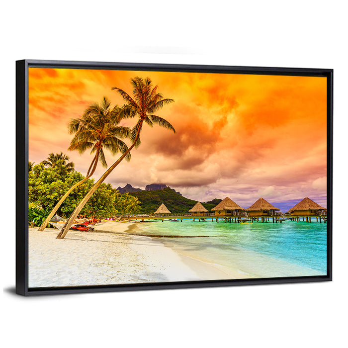Bora Bora Overwater Bungalows at Sunset Wall Art as a framed canvas