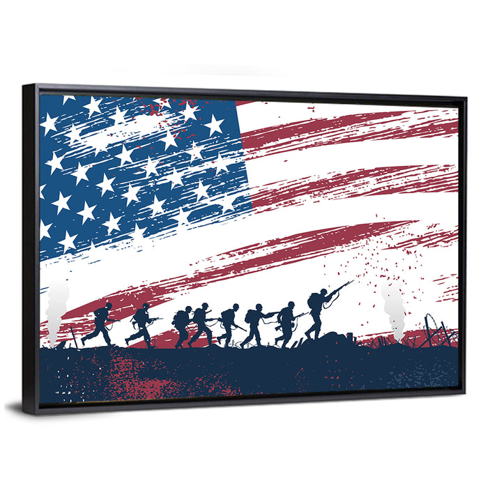 Silhouetted Soldiers with Distressed American Flag Wall Art as a framed canvas