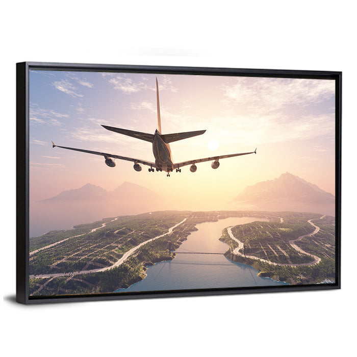 Airplane Over Island at Sunset Wall Art as a framed canvas