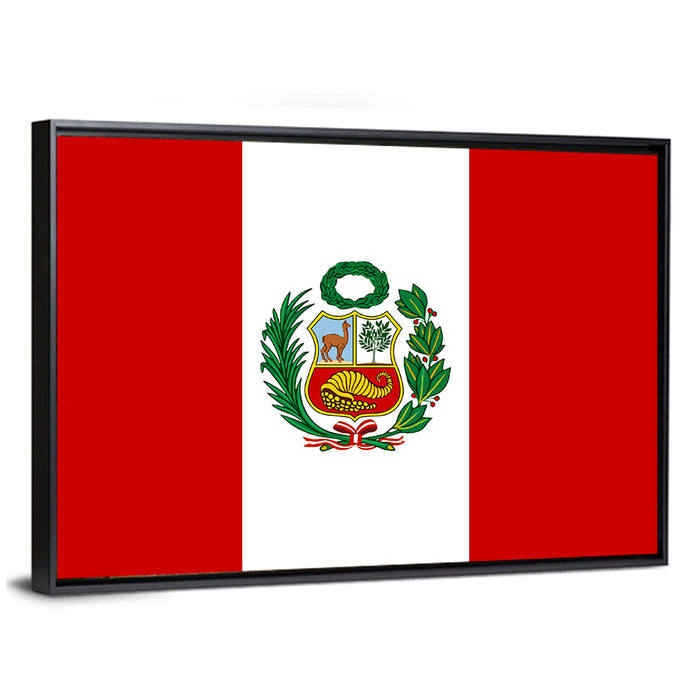 Peruvian Flag with Coat of Arms Wall Art as a framed canvas