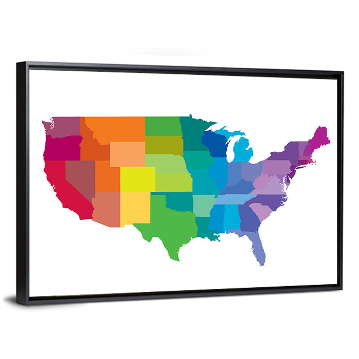 Rainbow United States Map Wall Art as a framed canvas