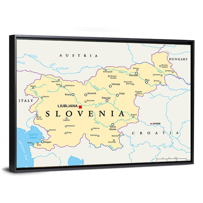 Slovenia Political Map Wall Art as a framed canvas