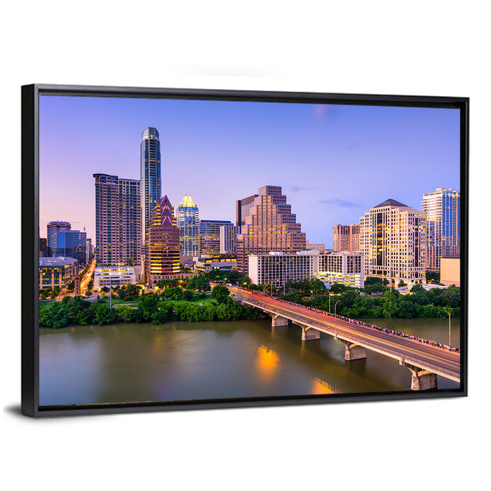 Austin Skyline Over Lady Bird Lake Wall Art as a framed canvas