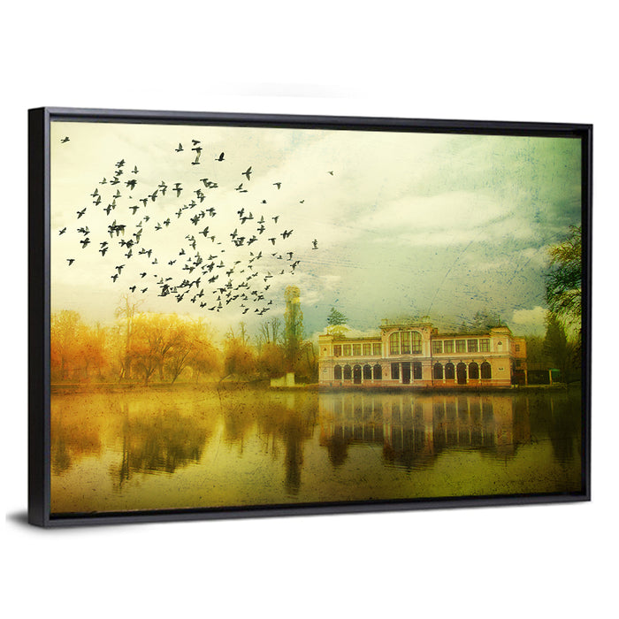 Old Mansion with Flock of Birds Wall Art as a framed canvas