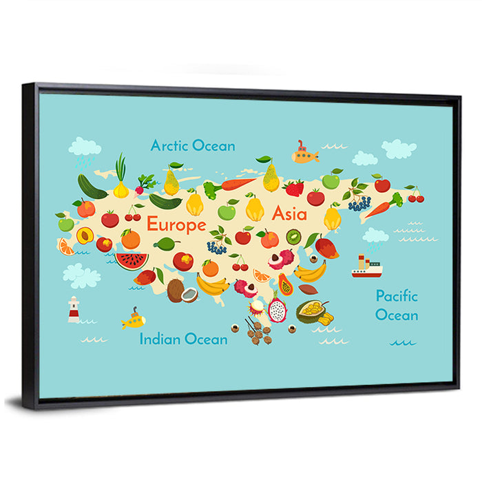 Illustrated Fruit World Map Wall Art as a framed canvas