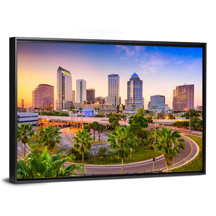 Tampa Downtown Skyline at Sunset Wall Art as a framed canvas