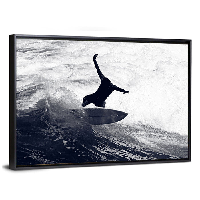 Dog Surfer Riding Waves Wall Art as a framed canvas