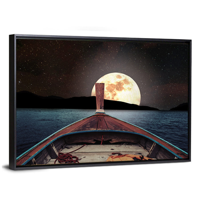 Longtail Boat Under Full Moon Wall Art as a framed canvas