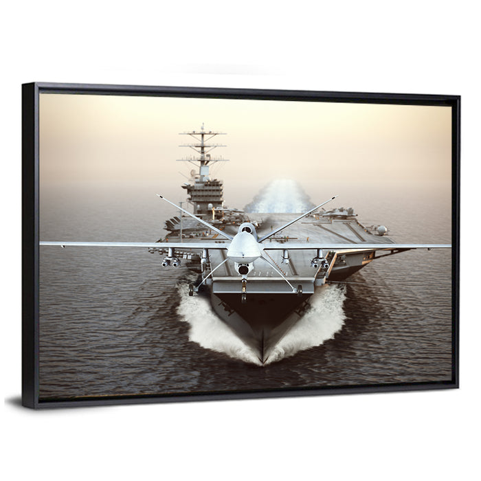 Drone Over Aircraft Carrier Wall Art as a framed canvas