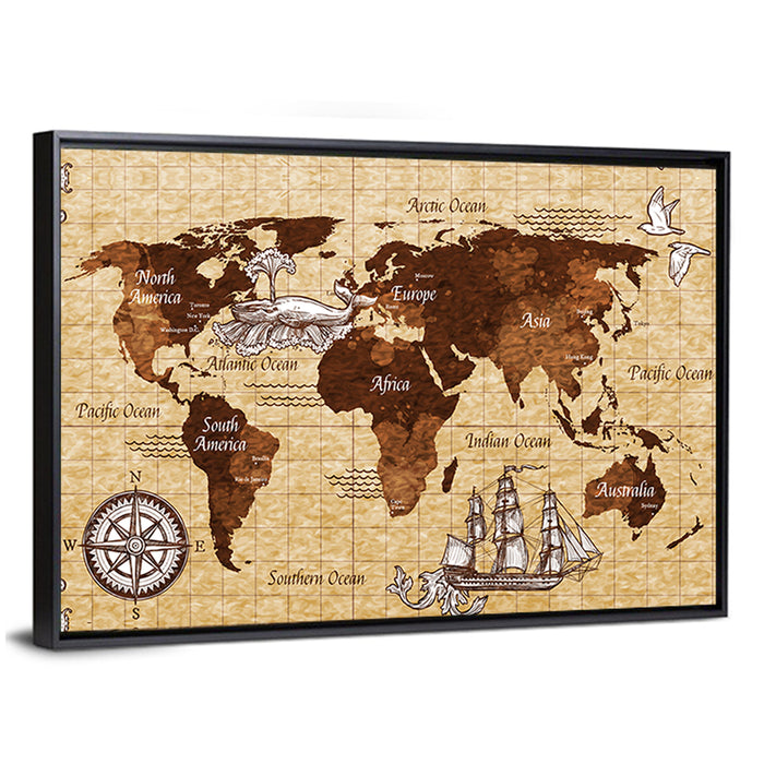 Vintage Nautical World Map Wall Art as a framed canvas