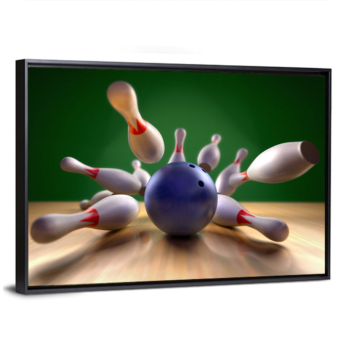 Blue Bowling Ball Hitting Pins Wall Art as a framed canvas