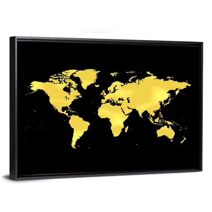 Metallic Gold World Map Wall Art as a framed canvas