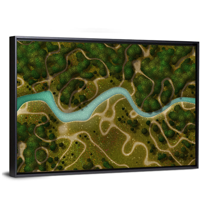 Winding River Trail Aerial Wall Art as a framed canvas