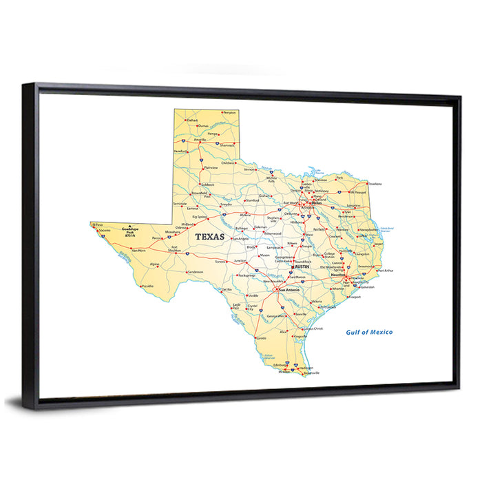 Texas Road Map Illustration Wall Art as a framed canvas