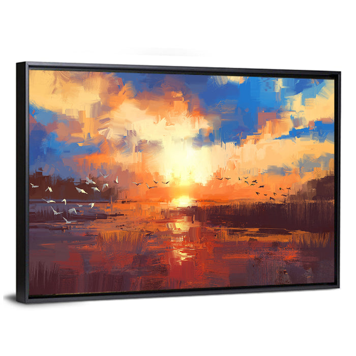Golden Sunset Over Lake Wall Art as a framed canvas