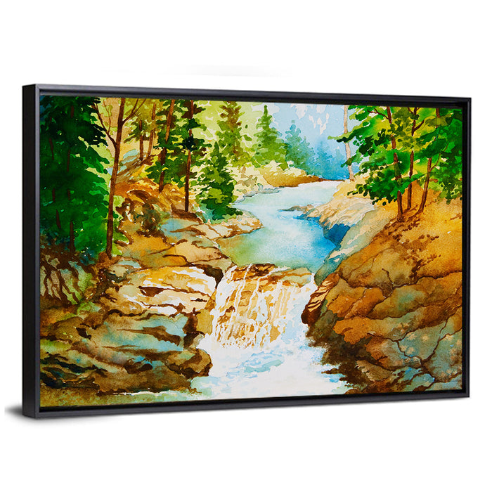 Mossy Forest Waterfall Wall Art as a framed canvas