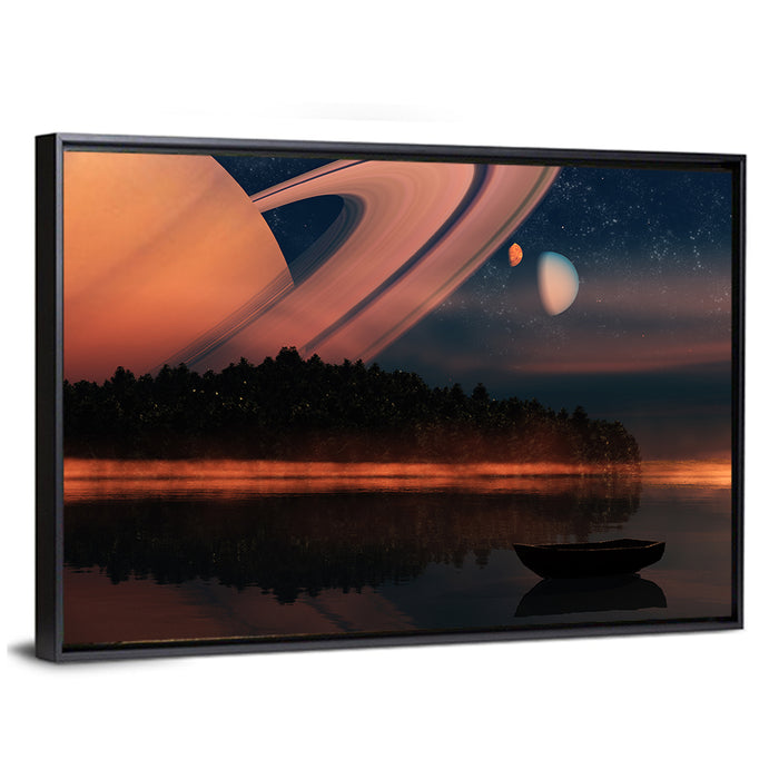Ringed Planet Over Alien Lake Wall Art as a framed canvas