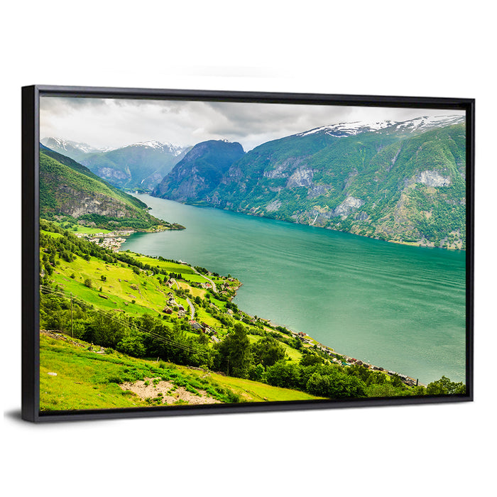 Aurlandsfjord Valley Panorama Wall Art as a framed canvas