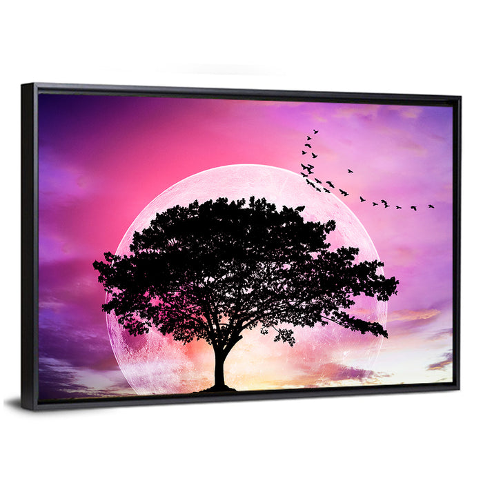 Tree Beneath Twilight Moon Wall Art as a framed canvas