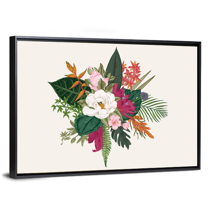 Tropical Bouquet with White Flower Wall Art as a framed canvas