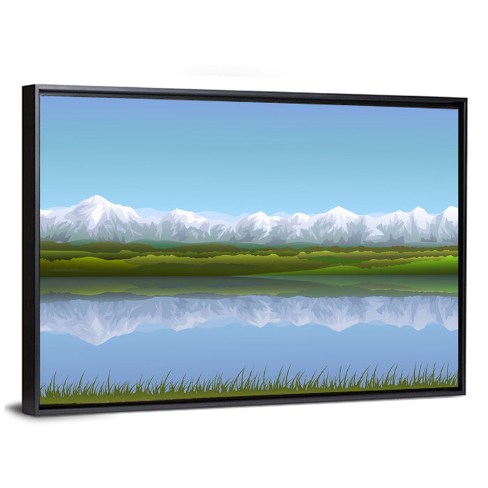 Snow-capped Alpine Lake Wall Art as a framed canvas