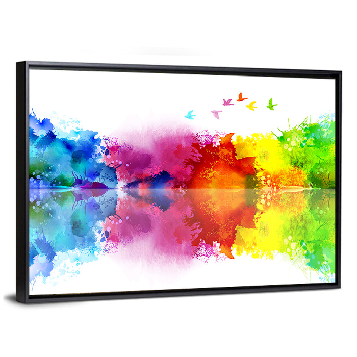 Mirrored Flock of Birds Watercolor Wall Art as a framed canvas