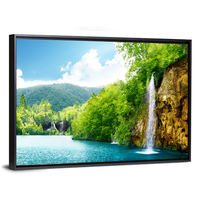 Plitvice Lakes Waterfall Wall Art as a framed canvas