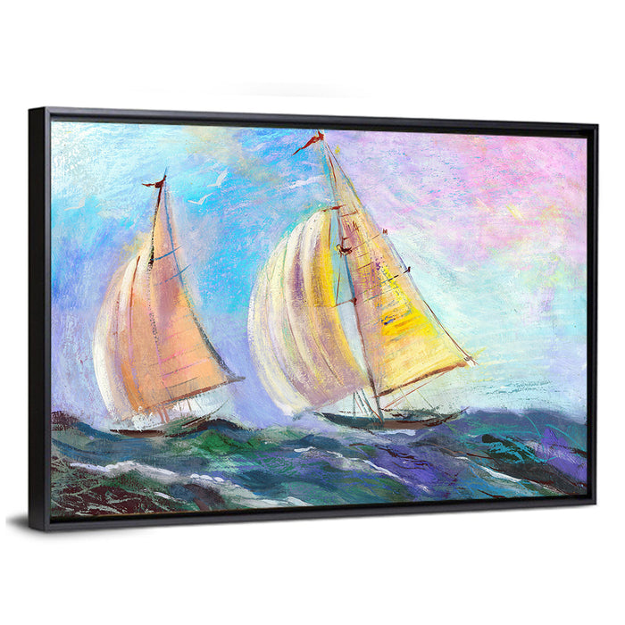 Two Sailboats in Colorful Seascape Wall Art as a framed canvas