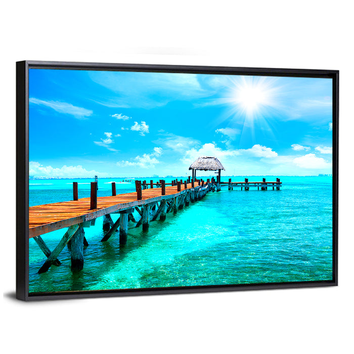 Wooden Jetty Near Cancun Wall Art as a framed canvas