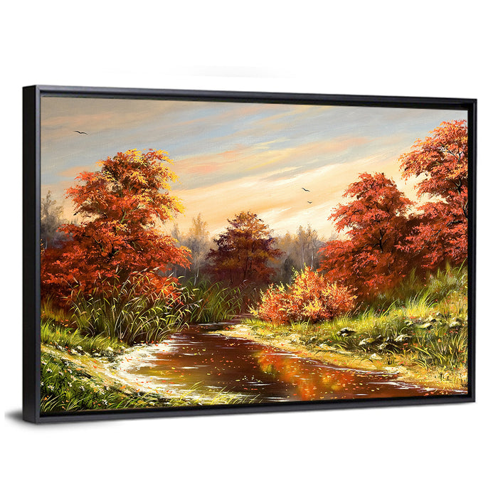 Winding Autumn River Wall Art as a framed canvas