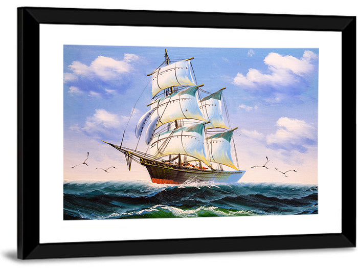 Sailing Ship with White Sails Wall Art as a framed print