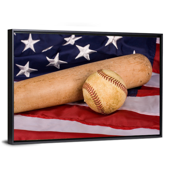 Baseball and Bat on American Flag Wall Art as a framed canvas