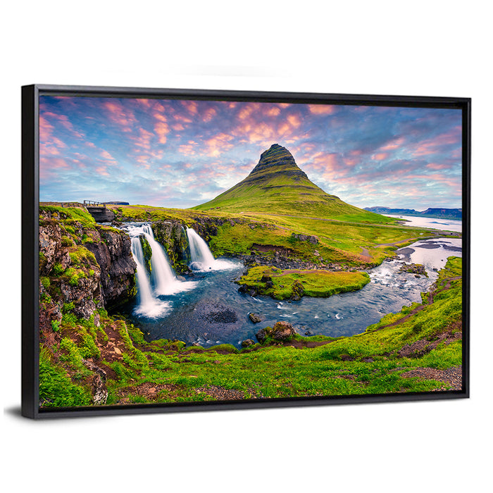 Kirkjufell Peak and Kirkjufellsfoss Wall Art as a framed canvas