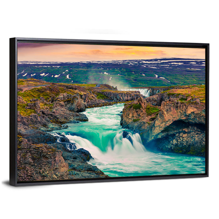 Godafoss Sunset Cascade Wall Art as a framed canvas