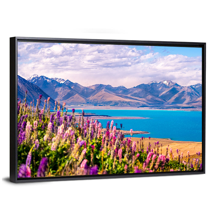 Lake Tekapo Lupine Meadow Wall Art as a framed canvas