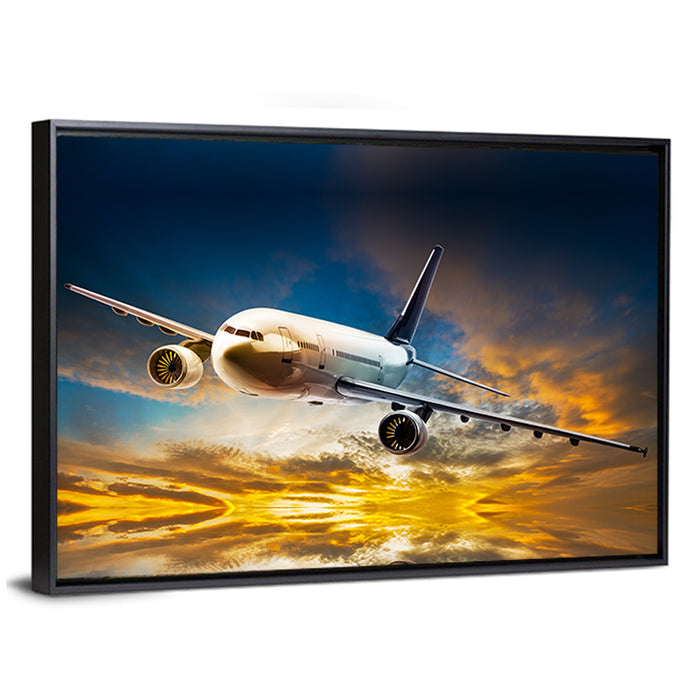 Jet Over Golden Cloudscape Wall Art as a framed canvas